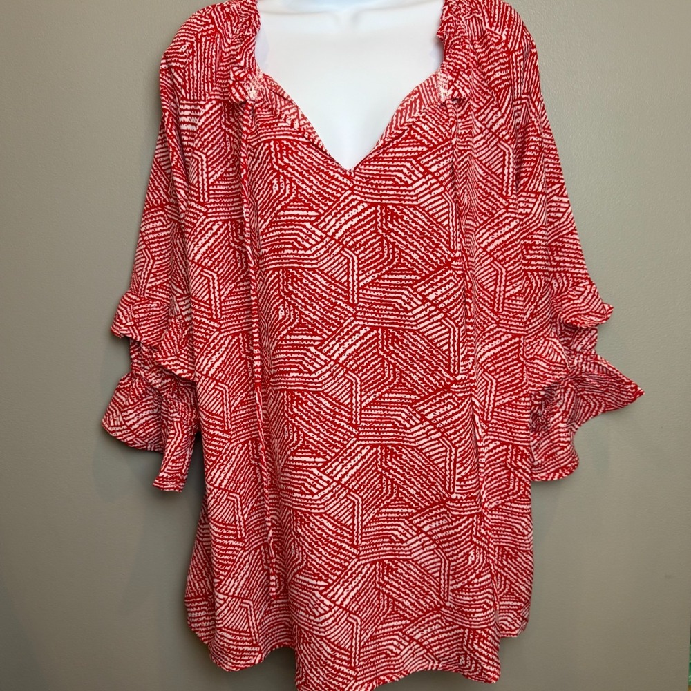 First Love by Lovelyn Red White Geometric Print Ruffle Sleeve Blouse Size Medium